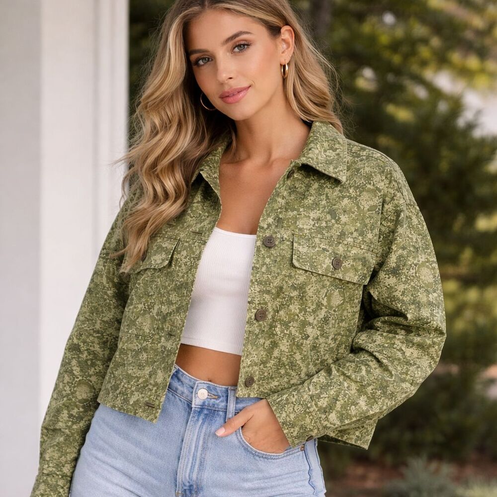 NEW Wild Fable Women's Casual Canvas Cropped Jacket‎ Size XXL Green Floral